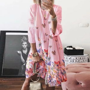 O Neck Butterfly Print Three Quarter Sleeve Plus Size Party Dress