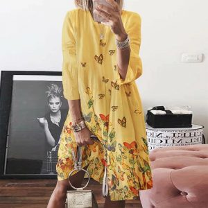 O Neck Butterfly Print Three Quarter Sleeve Plus Size Party Dress - Image 3