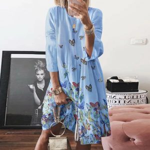 O Neck Butterfly Print Three Quarter Sleeve Plus Size Party Dress - Image 4