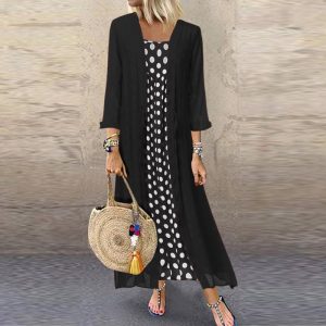 Polka Dot Print O Neck Long Sleeve Plus Size Maxi Dress