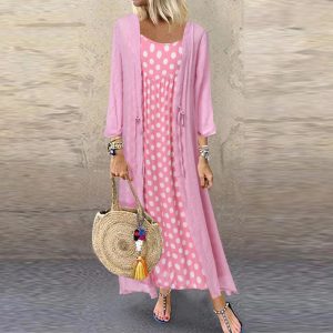 Polka Dot Print O Neck Long Sleeve Plus Size Maxi Dress - Image 2