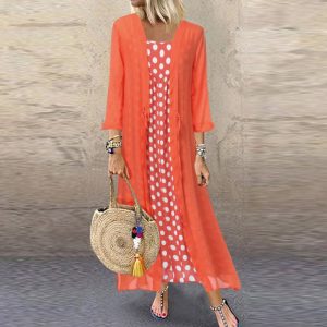 Polka Dot Print O Neck Long Sleeve Plus Size Maxi Dress - Image 3