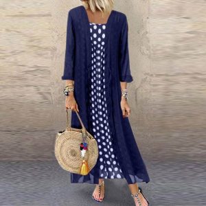 Polka Dot Print O Neck Long Sleeve Plus Size Maxi Dress - Image 4