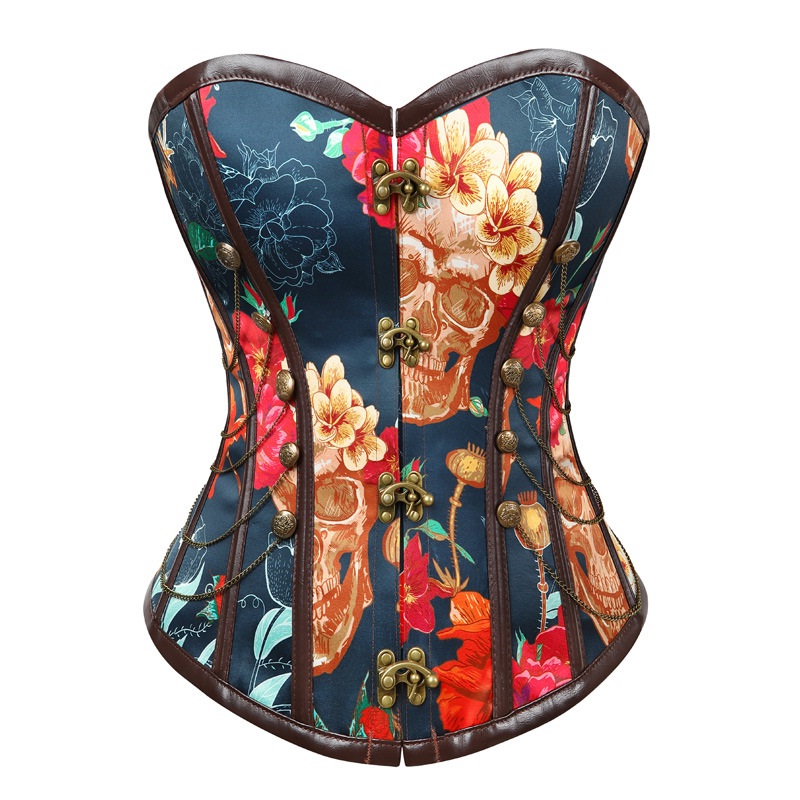 Retro Floral Steel Boned Lace Up Back Cinching Chains Corset