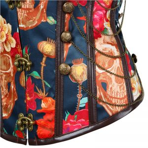 Retro Floral Steel Boned Lace Up Back Cinching Chains Corset - Image 4