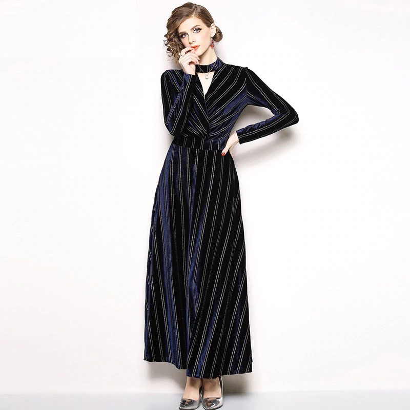 Velvet Evening party Elegant Striped Vintage Maxi Dress
