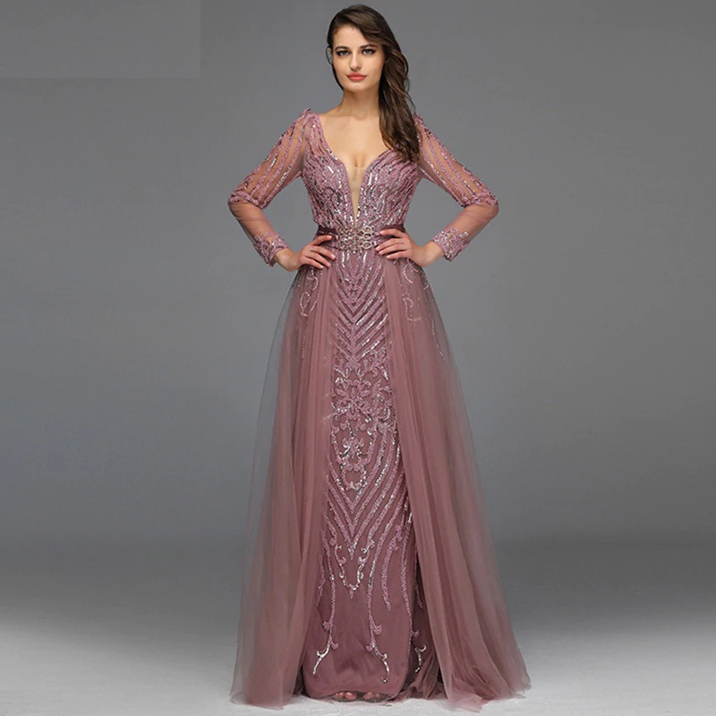 Sequined Sparkle Long Sleeve Beading Evening Gowns