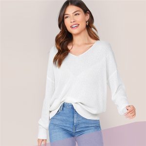 Solid V Neck Drop Shoulder Knit Sweater