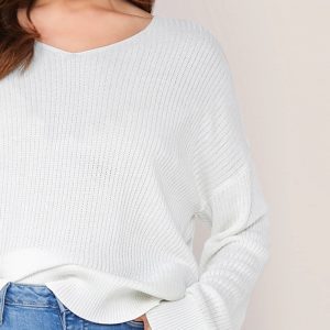 Solid V Neck Drop Shoulder Knit Sweater - Image 3