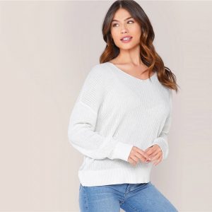 Solid V Neck Drop Shoulder Knit Sweater - Image 4
