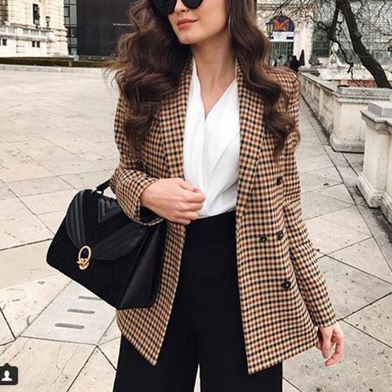 Fashion double breasted plaid slim fit office ladies blazer