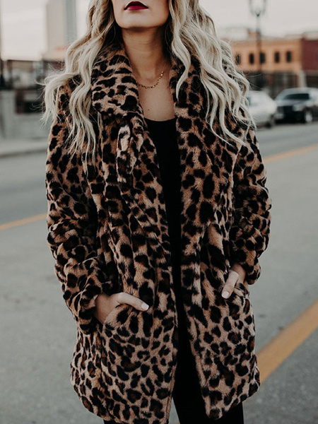 Leopard Long Sleeves Leopard Print Oversized Faux Fur Coats