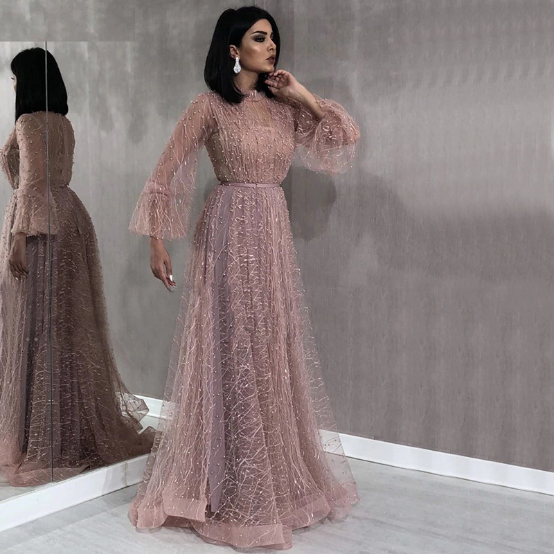 Pearls Tulle Long Sleeves Sexy Prom Gowns