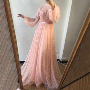 Pearls Tulle Long Sleeves Sexy Prom Gowns - Image 12