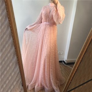 Pearls Tulle Long Sleeves Sexy Prom Gowns - Image 13