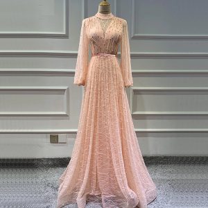 Pearls Tulle Long Sleeves Sexy Prom Gowns - Image 14