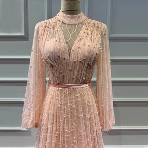 Pearls Tulle Long Sleeves Sexy Prom Gowns - Image 15