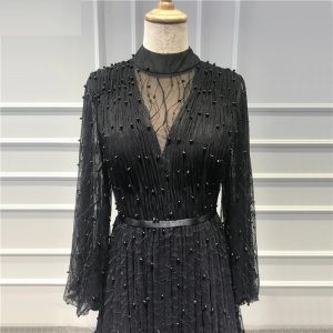 Pearls Tulle Long Sleeves Sexy Prom Gowns - Image 8