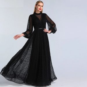 Pearls Tulle Long Sleeves Sexy Prom Gowns - Image 3