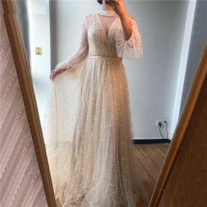 Pearls Tulle Long Sleeves Sexy Prom Gowns - Image 10