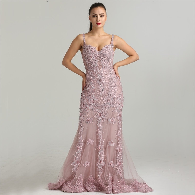 Sexy Spaghetti Straps Crystal Mermaid Evening Party Gowns