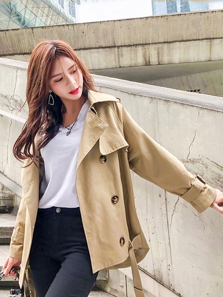 Trench Coat Turndown Collar Buttons High Low Casual Coat