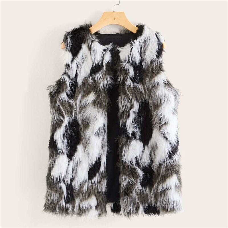Colorblock Faux Fur Sleeveless Glamorous Jackets
