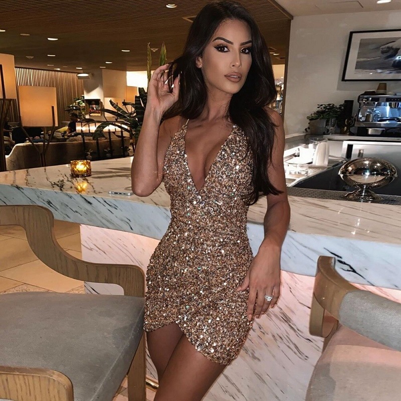 Deep V Neck Glitter Sequined Backless Sexy Dress - Power Day Sale
