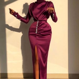 Elegant High Split Satin Silk Buttoned Party Maxi Dress