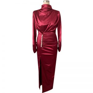 Elegant High Split Satin Silk Buttoned Party Maxi Dress - Image 3