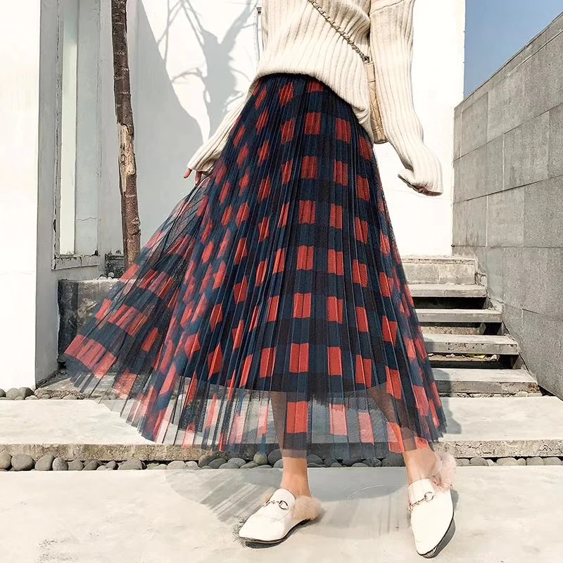 Elegant Plaid Pleated A Line Maxi Skirt