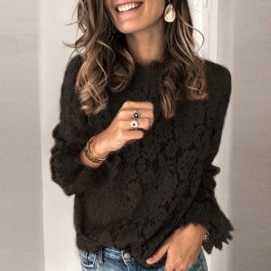 Flare Long Sleeve Lace O-neck Elegant Street Wear Blouse - Image 4