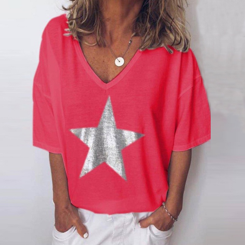 V-neck Fashion Five-pointed Star Short Sleeve Casual Blouse