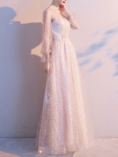 A Line V Neck Sequined Long Sleeves Wedding Guest Dresses
