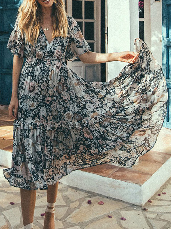 Boho Dress V Neck Short Sleeves Floral Print Oversized Beach Dress