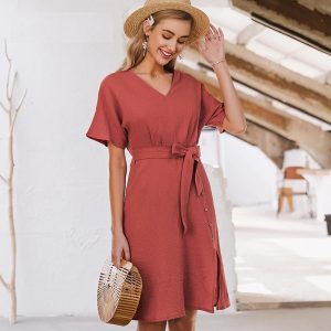 Casual Sash Button Robe Slit Solid Beach Dress - Image 4