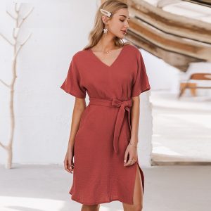 Casual Sash Button Robe Slit Solid Beach Dress - Image 5