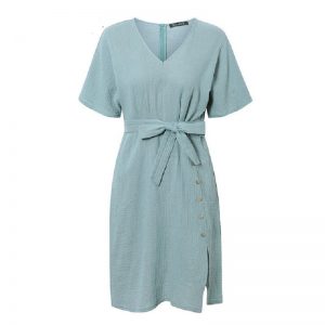 Casual Sash Button Robe Slit Solid Beach Dress - Image 6
