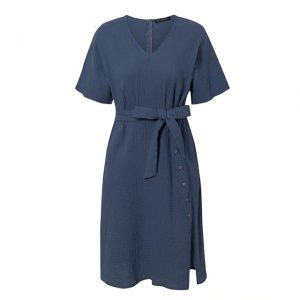 Casual Sash Button Robe Slit Solid Beach Dress - Image 7