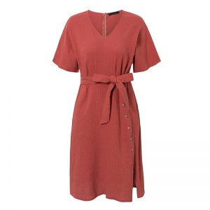 Casual Sash Button Robe Slit Solid Beach Dress - Image 8