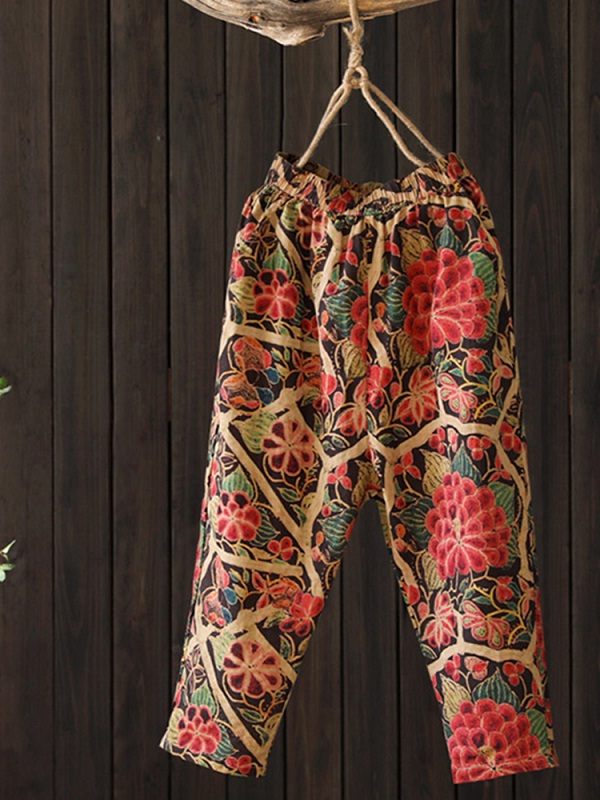 Loose Floral Print Elastic Waist Side Pockets Trousers Pants