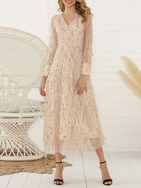 Maxi Dresses Long Sleeves V Neck Maxi Layered Sequined Long Dress