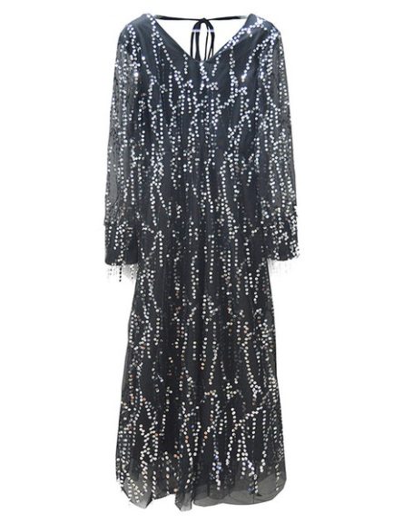 Maxi Dresses Long Sleeves V Neck Maxi Layered Sequined Long Dress ...