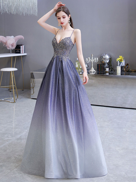 A Line Sweetheart Neck Straps Sleeveless Metallic Gradient Color Floor Length Formal Party Prom Dresses