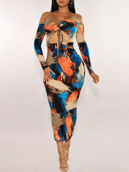 Bodycon Printed Long Sleeves Cut Out Sexy Sheath Dress