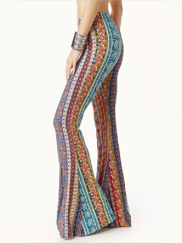 Boho Bell Bottom Pants 70s Printed Flare Trousers