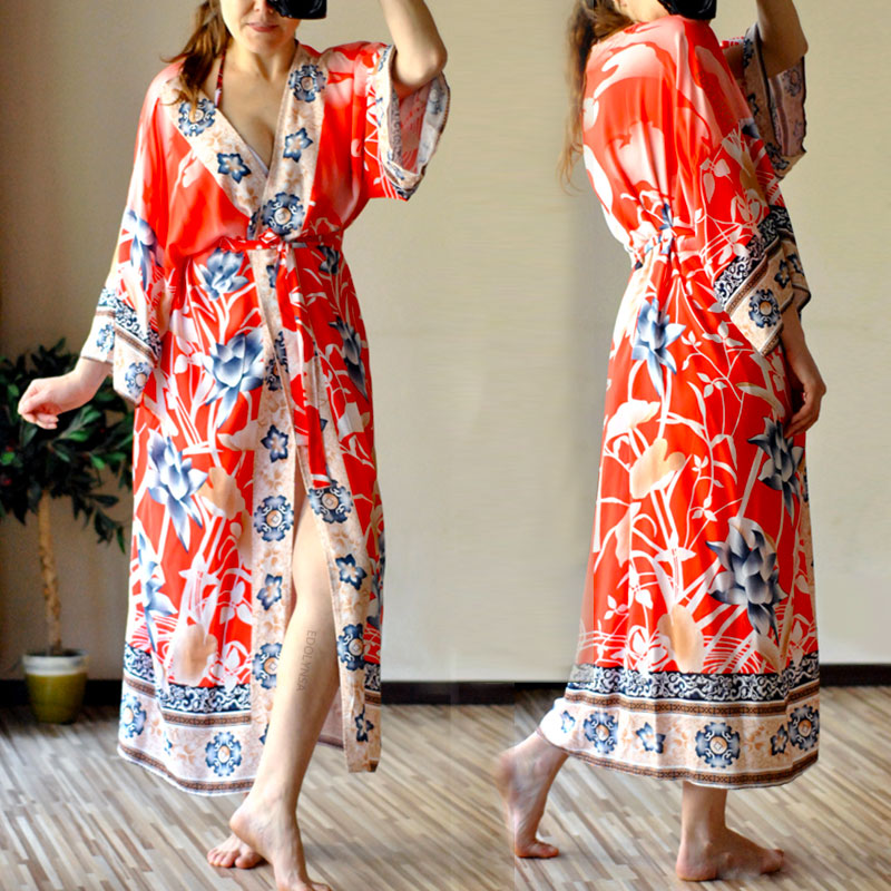 Boho Print Self Belted Front Open Long Kimono Dress