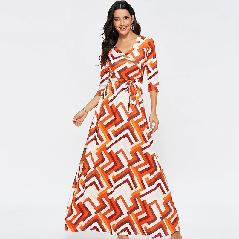 Casual Geometric Print Half Sleeve Maxi Dress