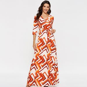 Casual Geometric Print Half Sleeve Maxi Dress - Image 3