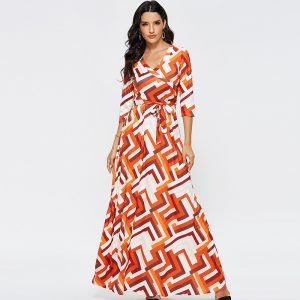 Casual Geometric Print Half Sleeve Maxi Dress - Image 5